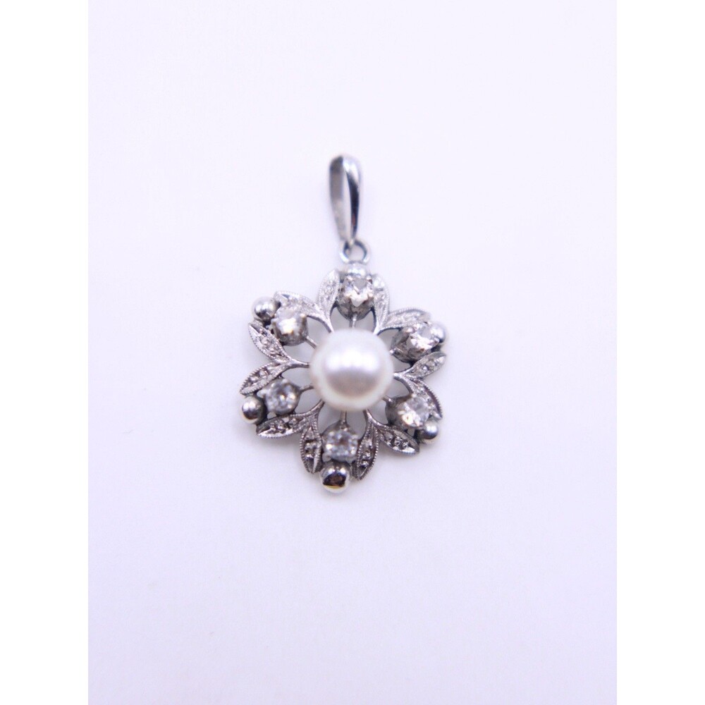 Vintage 14K White Gold Pearl & Spinel Floral Pendant K14 WG